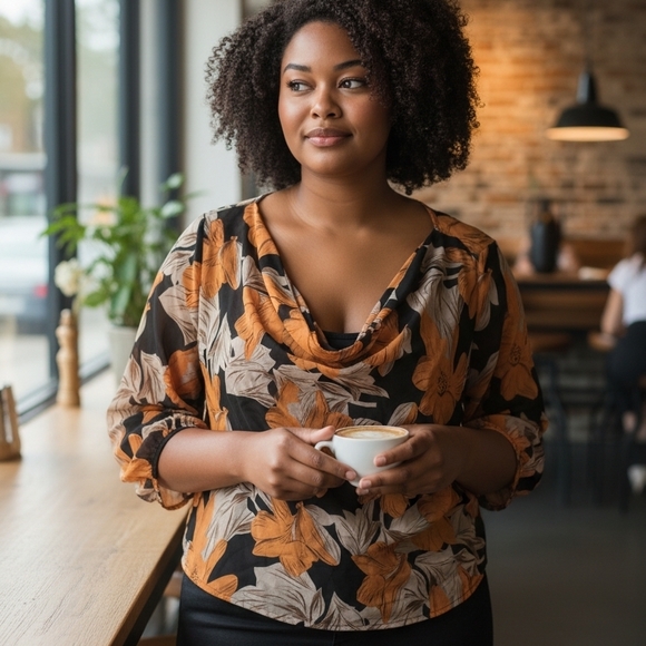 Xpluswear Tops - NWT- Floral Cowl Neck Blouse - Black and Orange